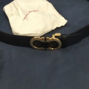 Salvatore Ferragamo Black Leather Belt with Gold Gancini Buckle